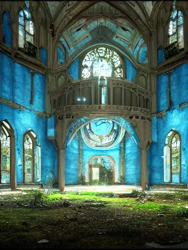Image similar to interior of an abandoned, overgrown church, blue color palette, photo, digital art, detailed, intricate complexity, artstation