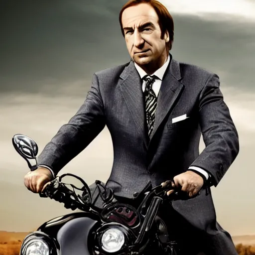 Image similar to A photo of Saul Goodman riding a motorcycle, highly detailed, 4k