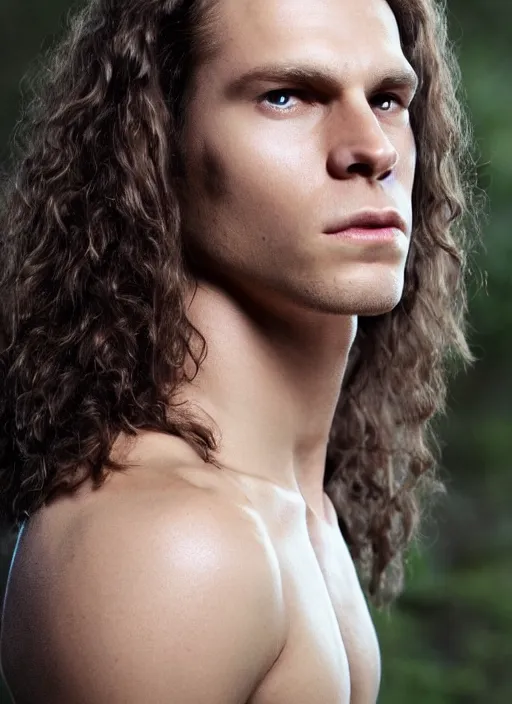 Image similar to a very skinny young Tarzan close-up portrait of young white male, with long dark brown slicked back hair shoulder length