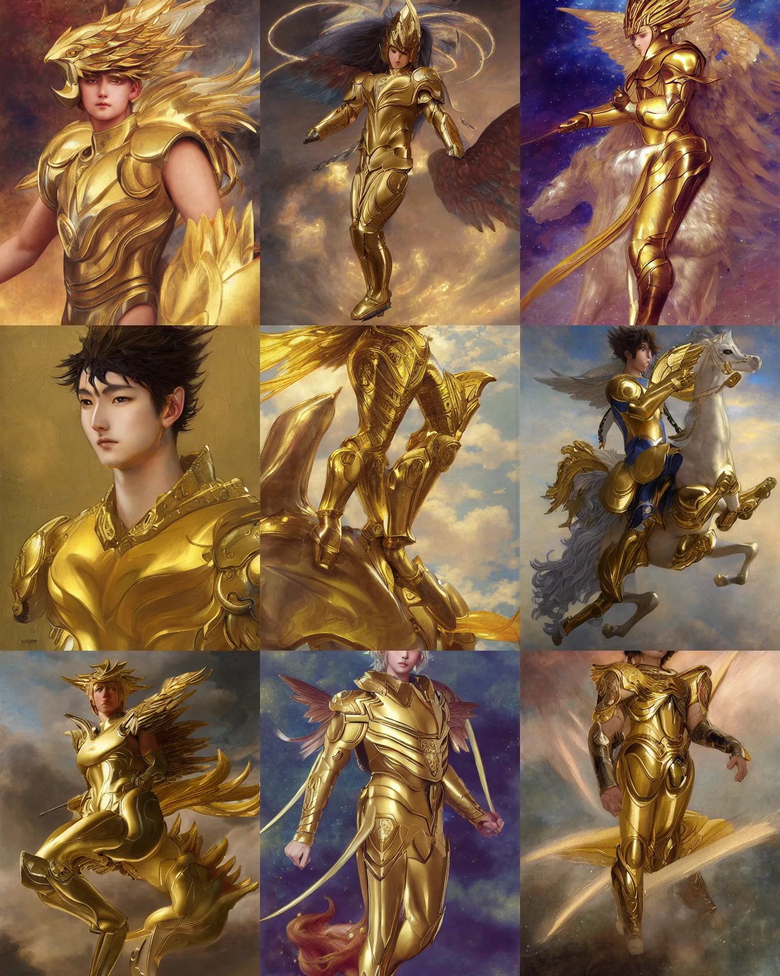 Prompt: Pegasus Seiya wearing golden armor by Edgar Maxence and Ross Tran