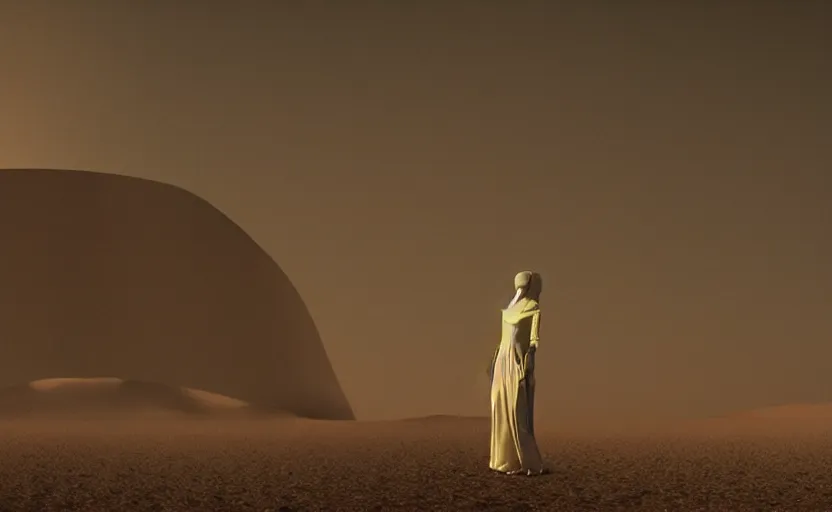 Image similar to levitating bene gesserit with fractal mirror dress with white flowers and fullface golden mask inside a thick black smoke in rocky desert landscape, sand alien city in the landscape, burning earth by gaspar noe and christopher doyle, anamorphic lens, anamorphic lens flares, kodakchrome, cinematic composition, practical effects, award winning photo, 8 k