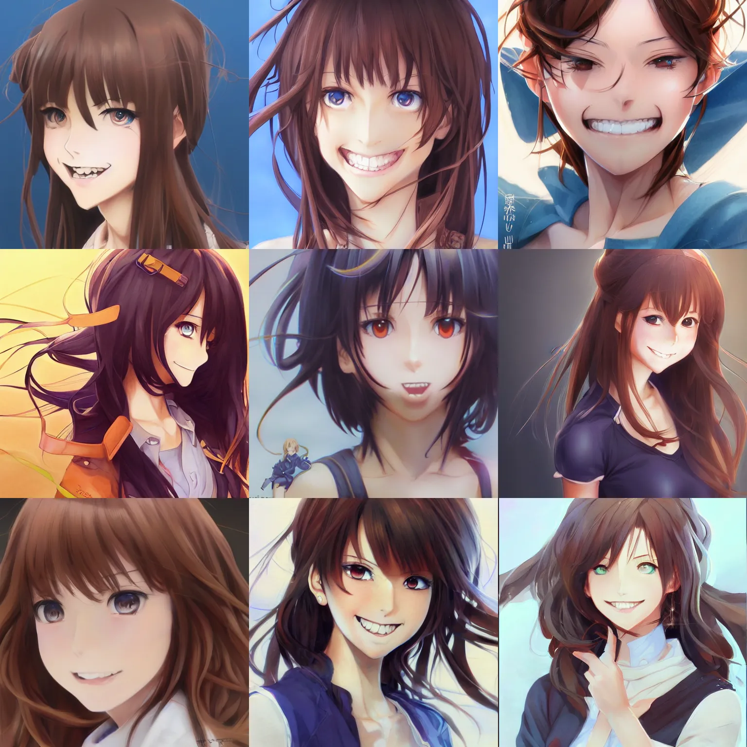 Prompt: An anime drawing of a happy beautiful woman with straight brown hair, blue eyes, without glasses, big smile, by Stanley Artgerm Lau, WLOP, Rossdraws, James Jean, Andrei Riabovitchev, Marc Simonetti, and Sakimi chan, trending on artstation