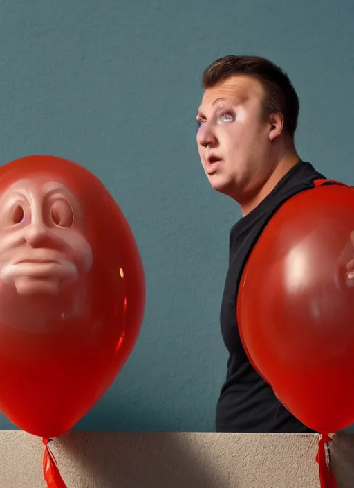 Image similar to balloon face, face of an inflated man, overinflated, tight rubber, translucent, see - through, face and shoulders focus, detailed photography