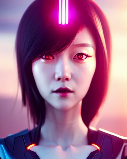 Image similar to kim hyun joo as an android, rose hair, cyborg, warframe, cinematic, illuminated, sunny, beautiful girl, advanced technology, futuristic, digital painting by ilya kuvshinov, akiko takase, eugene gottsnake, stanislav istratov and su fu and antoine collignon