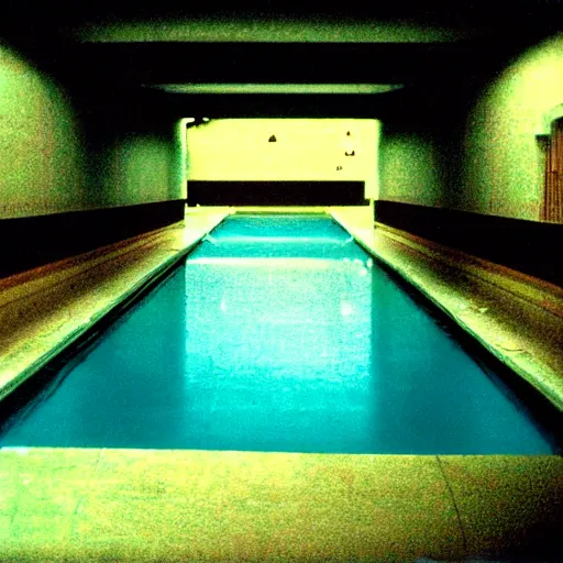 Image similar to Beautiful colored-photo cameraphone 2005 soft liminal Photograph of an infinite dark hallway pool