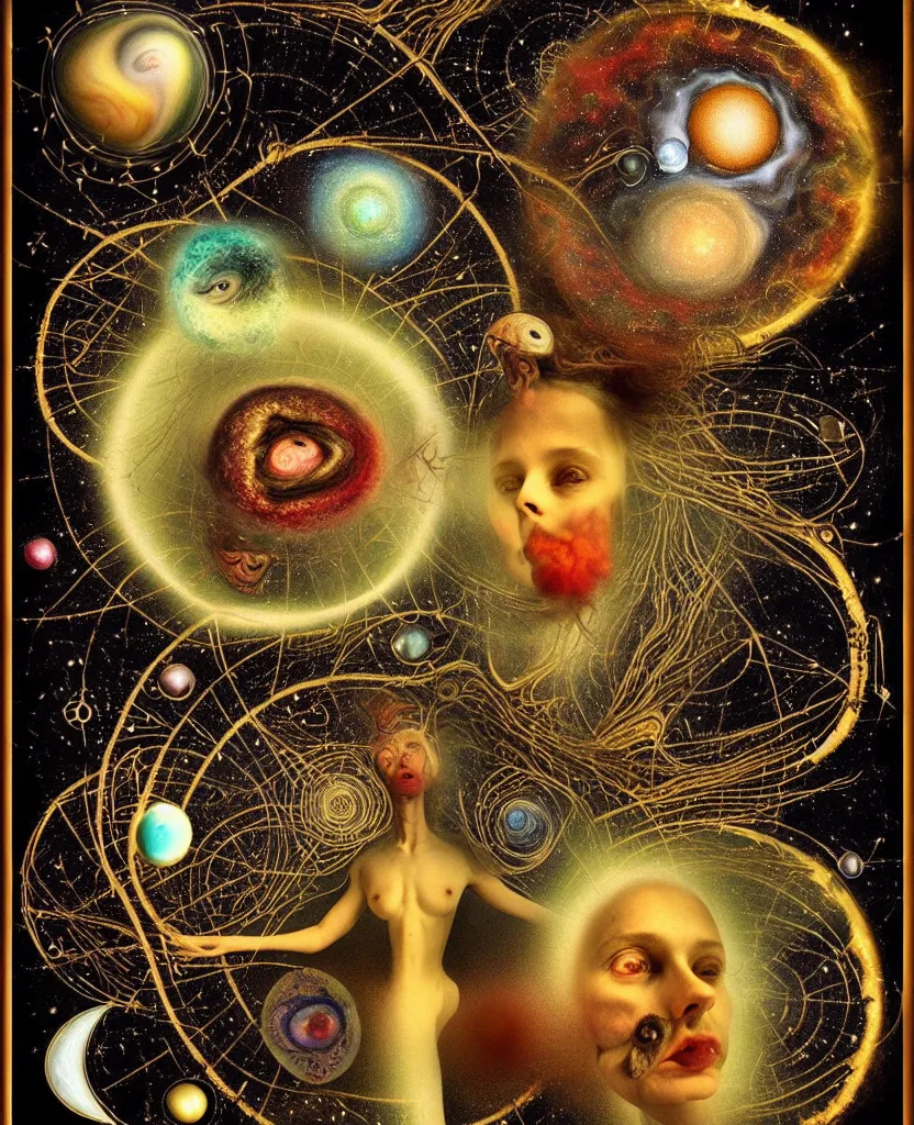 Image similar to inside the universe of a human body soul, whimsical uncanny creature alchemizes unique canto about'as above so below'being ignited by the spirit of haeckel and robert fludd, breakthrough is iminent, glory be to the magic within, to honor jupiter, surreal collage by ronny khalil