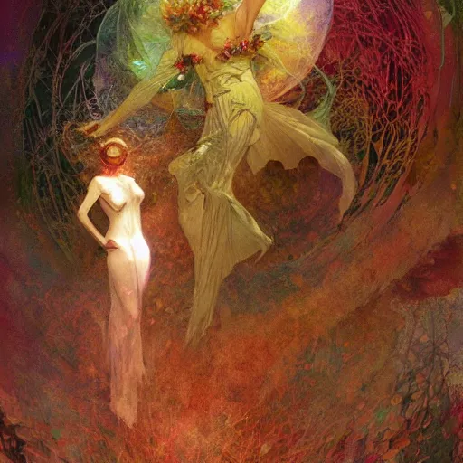 Prompt: whimsically detailed spirit coming out from illuminated hands. Craig mullins. Mucha. Jodorowsky. Dave Mckean. Allan Moore. Magical.
