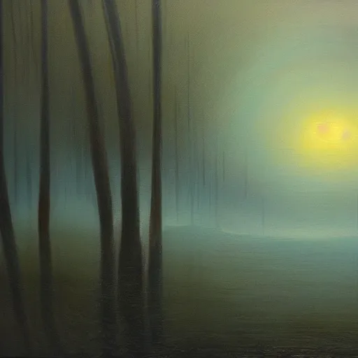 Prompt: will o'the wisp over a foggy swamp at twilight, very textured, highly detailed, oil painting