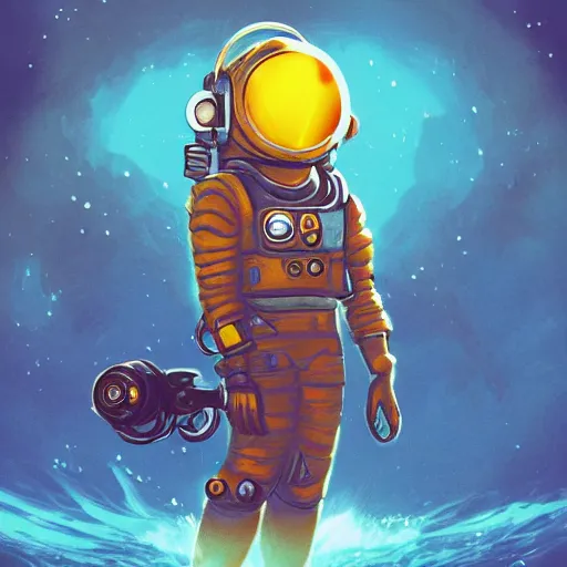 Prompt: A Steampunk astronaut with a golden helmet and full body swimming thru lava, character concept in the style of a graphic manga by peter mohrbacher and Kohei Horikoshi, underwater background with detailed fish swimming by Kelly Mckernan, trending on artstation, HD,