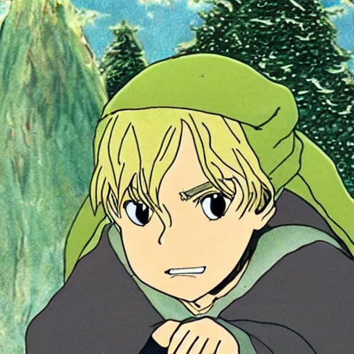 Image similar to merry from the anime lord of the rings (1986), blond hair, hobbit, green cape, studio ghibli, very detailed, realistic