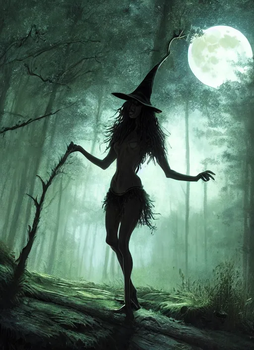 Prompt: the underbody of a beautiful skinny woman as witch in front of the full big moon in a fantasy forest, by james gurney, max liebermann, greg rutkowski, highly detailed digital art, artstation
