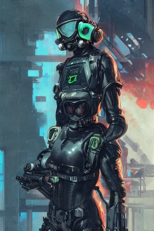 Image similar to Selina. USN blackops operator infiltrating oil rig. Operator wearing Futuristic cyberpunk tactical wetsuit. Frogtrooper. rb6s, MGS, and splinter cell Concept art by James Gurney, greg rutkowski, and Alphonso Mucha. Vivid color scheme.