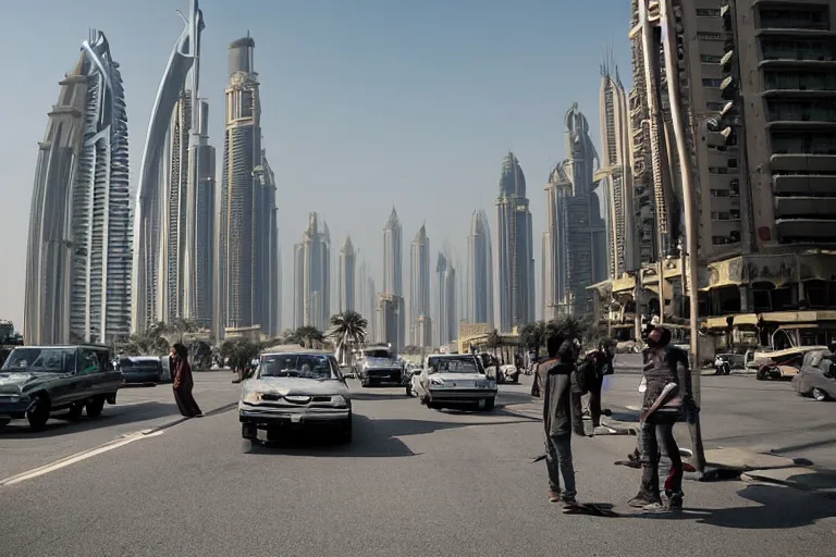 Image similar to cinematography dinosaurs in the streets of dubai by Emmanuel Lubezki