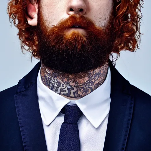 Prompt: A man with ginger wavy hair in a emo style with a beard and wearing a white collared shirt with a blue tie, portrait, realistic, hyperrealistic, 4k resolution, 8k resolution, HD Quality, highly detailed, very detailed, detailed, studio quality lighting, real life