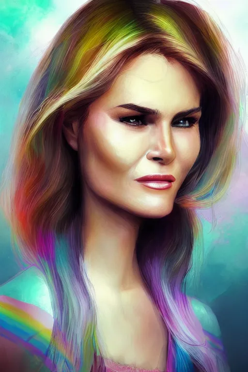 Image similar to portrait of a blend of young maria shriver, mariel hemmingway, melania trump and elle macpherson as an angel, thin lips, hair tied up in a pony tail, rainbow colors, vine, artstation, cgsociety