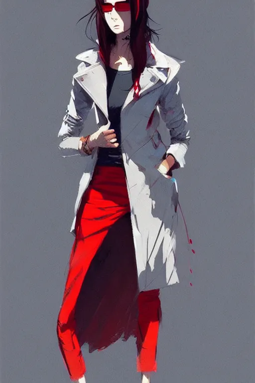 Image similar to a ultradetailed painting of a stylish woman wearing a grey jacket with red skirt, by conrad roset, greg rutkowski and makoto shinkai trending on artstation