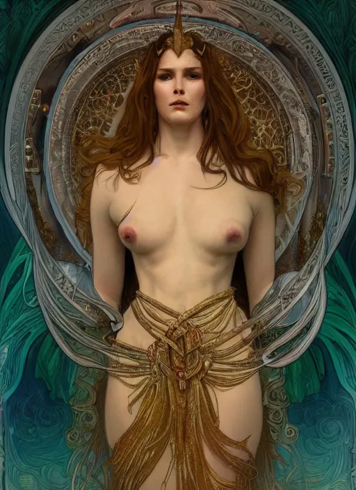 Image similar to Jennifer Lowrence as God of Strangeness, brutal, epic, intricate, elegant, highly detailed, digital painting, 4k, HDR, concept art, smooth, sharp focus, illustration, art by alphonse mucha,artgerm, H R Giger