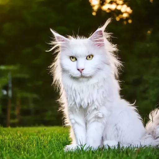 Image similar to a cute white fluffy maine coon cat sitting on the corner of a front yard outside in the late afternoon on a beautiful summer day, sunset