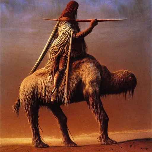 Prompt: ancient norse mammoth rider, wearing norse armor, beksinski