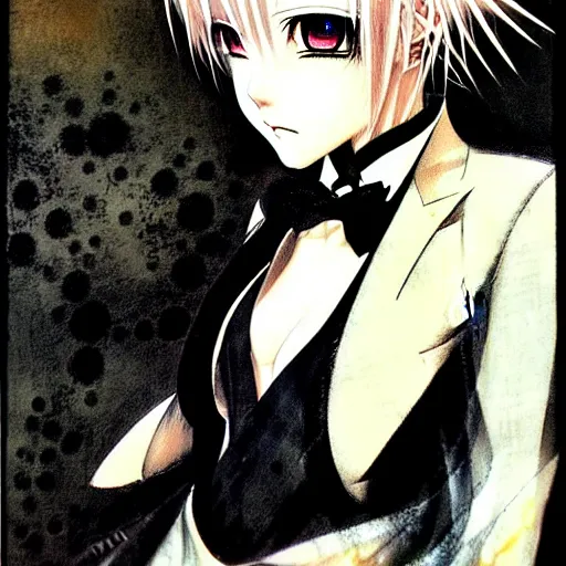 Image similar to Yoshitaka Amano realistic illustration of an anime girl with short white hair and black eyes wearing tuxedo, abstract black and white patterns on the background, noisy film grain effect, highly detailed, Renaissance oil painting