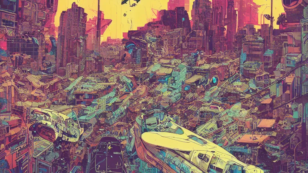 Image similar to colourful prophet graphic novel, ilya kuvshinov, mcbess, rutkowski, simon roy, roset, kuvshinov, illustration of decrepit cyberpunk arcologies in dystopian megalopolis ruins with spaceship debris floating in space, intricate details, deep shadows, astrophotography, contemporary art, vivid pastel color palette, hyper detailed, rendered in octane