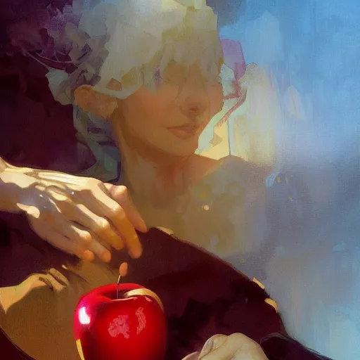 Image similar to the hand is reaching for the apple, painting by Craig Mullins, 4k, octane, digital painting, artstation, concept art, sharp focus, illustration, art by artgerm and greg rutkowski and alphonse mucha,