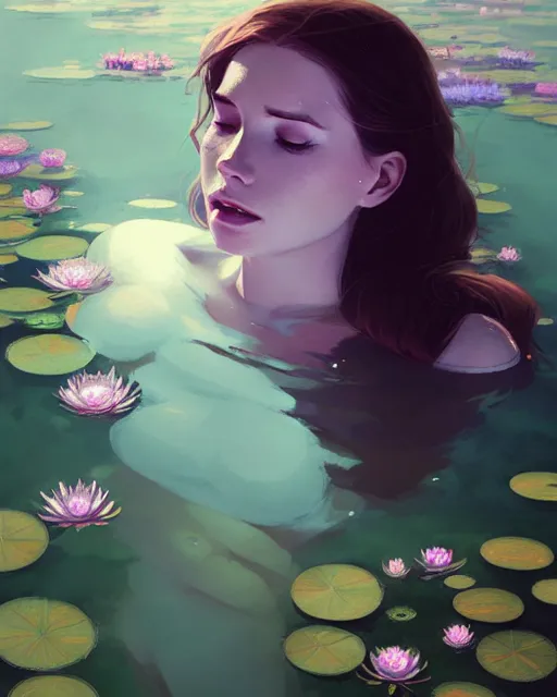 Image similar to hyper - realistic portrait of a ophelia underwater, water lilies, by atey ghailan, by greg rutkowski, by greg tocchini, by james gilleard, by joe fenton, by kaethe butcher, dynamic lighting, gradient light purple, brown, blonde cream and white color scheme, grunge aesthetic