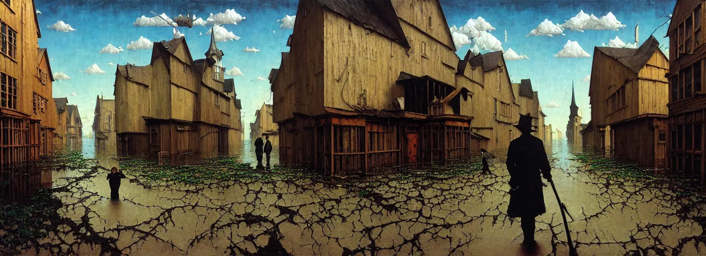 Image similar to flooded old wooden empty cursed city street, very coherent and colorful high contrast masterpiece by norman rockwell franz sedlacek rene magritte gediminas pranckevicius, full - length view, dark shadows, sunny day, hard lighting, reference sheet white background