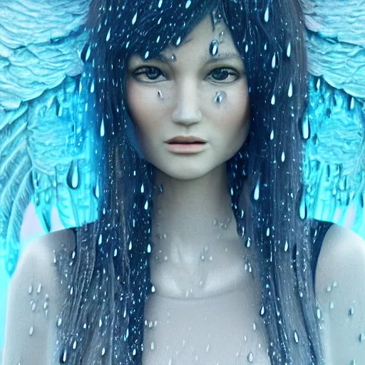 Image similar to angel spirit guide, cartoon portrait made out of rain, realistic, highly detailed, neon, rendered in octane, unreal engine, beautiful, trending on artstation,