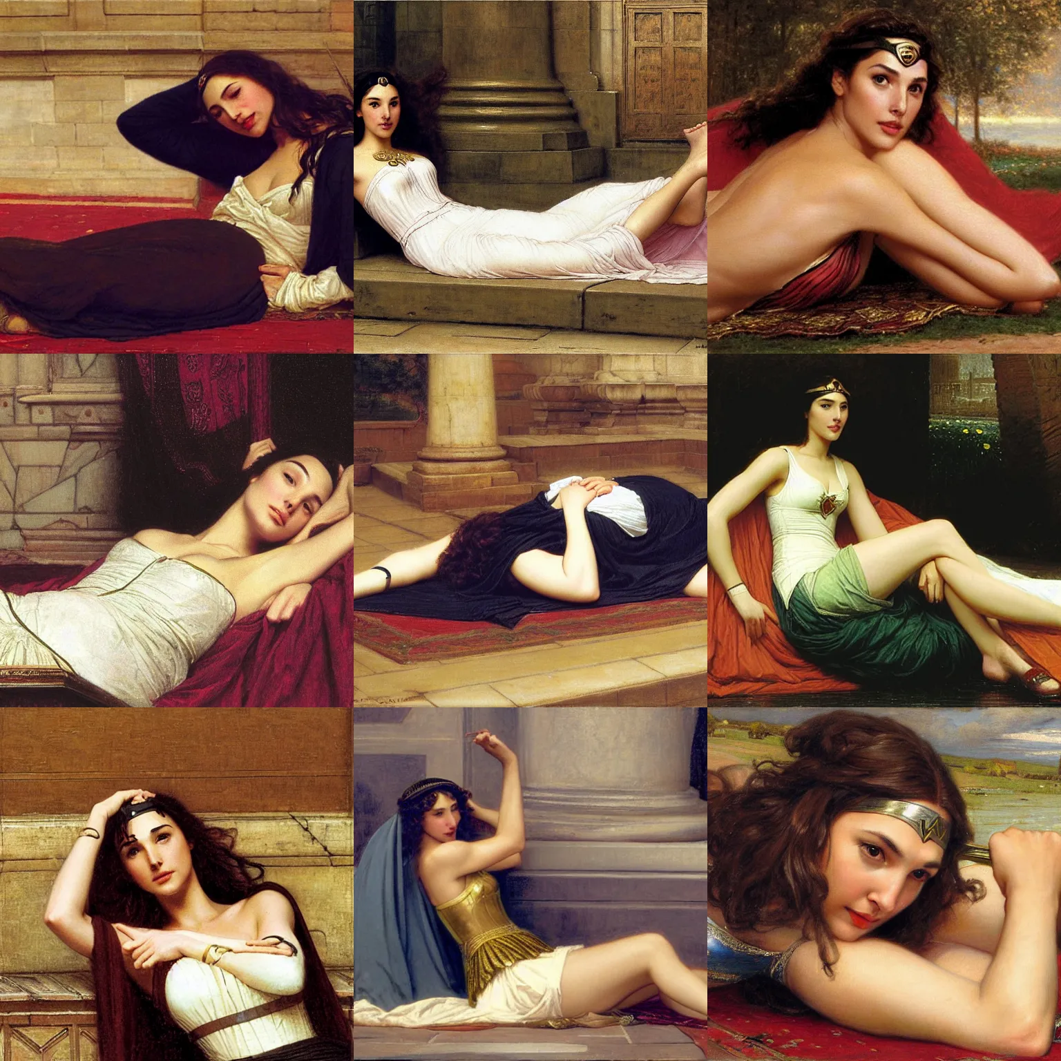 Prompt: gal gadot laying on the floor, by Edmund Blair Leighton