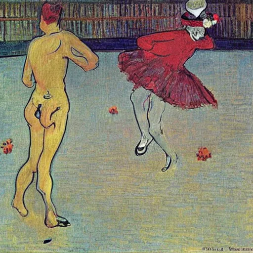 Prompt: two dead skeletons dancing on stage while it rains flowers everywhere, Henri de Toulouse-Lautrec