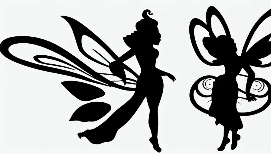 Image similar to flat black vector silhouette of a fairy, pure white background, 4 k resolution