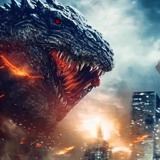 Image similar to giant white man fighting Godzilla in the city, 4k