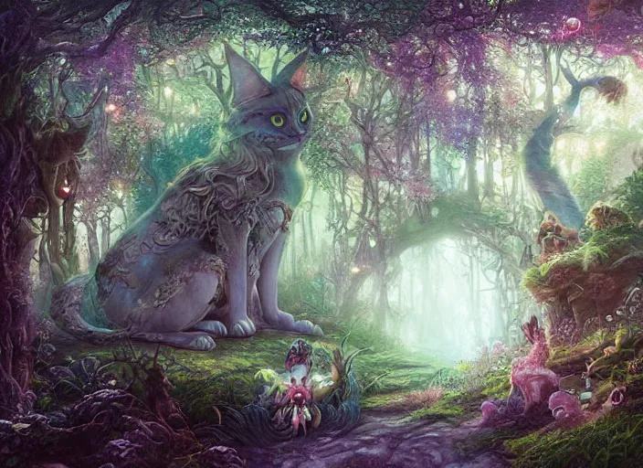 Prompt: magical fantasy forest, magical cat creatures, path traced, highly detailed, high quality, digital painting, by studio ghibli, lise deharme, alexander jansson, paul lehr, tim white, hans zatzka, george stubbs, louis wain