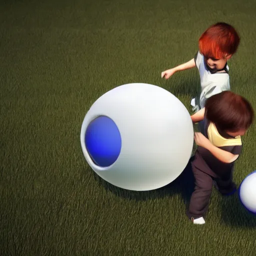 Image similar to two boys playing with a ball, 3 d rendering, art by just radiation, cinematic lighting