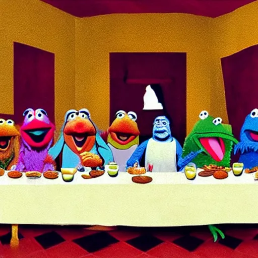 Image similar to the last supper but with Muppets