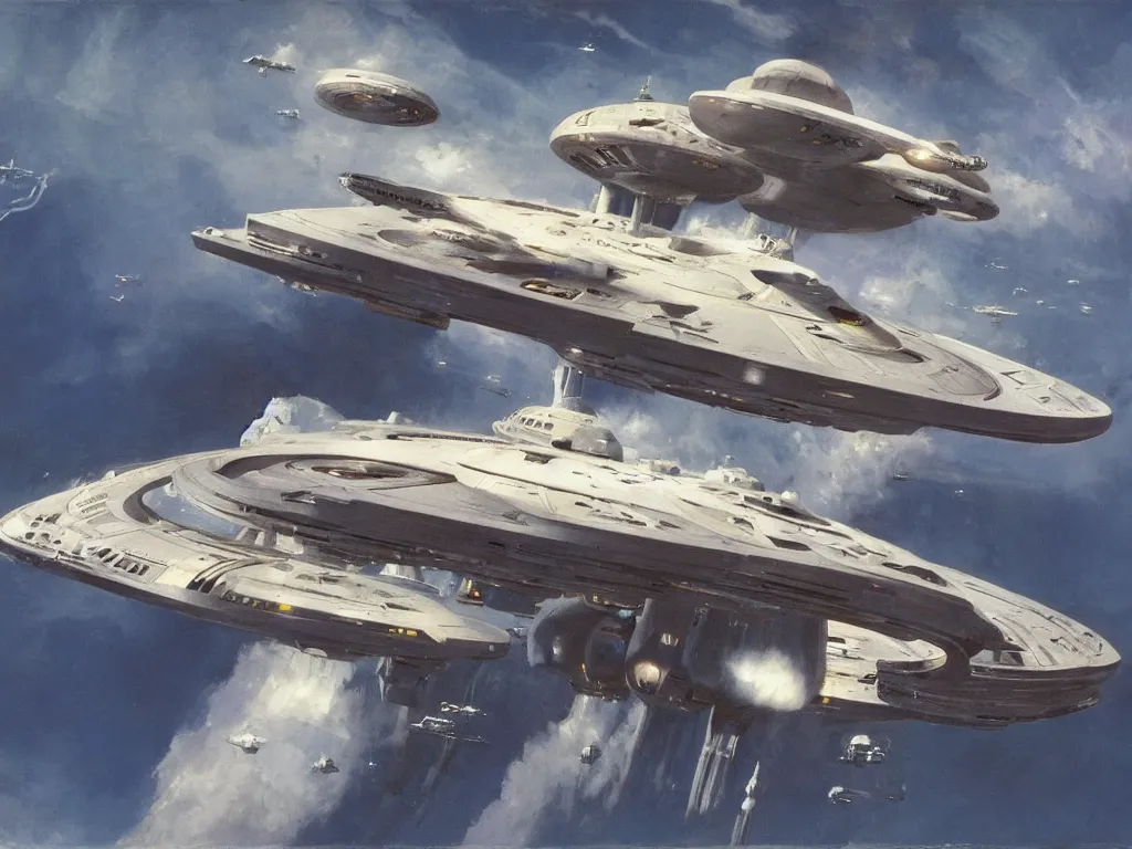 Image similar to The U.S.S. Enterprise from Star Trek, painted in the style of John Berkey