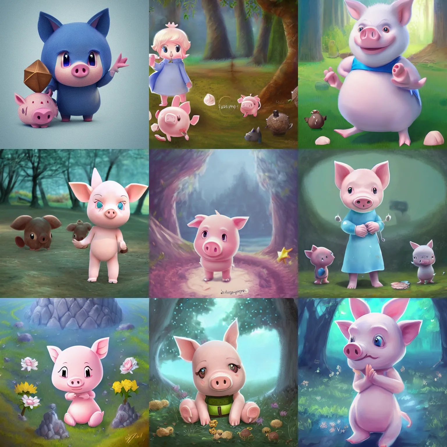 Prompt: very cute and adorable little piggy knight, big beautiful blue eyes, piglet, fantasy forest landscape, lake, pale blue outfit, Behance, Pokemon, Artstation, trending on artstation, peach and goma style, milk and mocha style, art of silverfox, Yee Chong Silverfox, Sydney Hanson, Sofya Emelenko, Elina Karimova