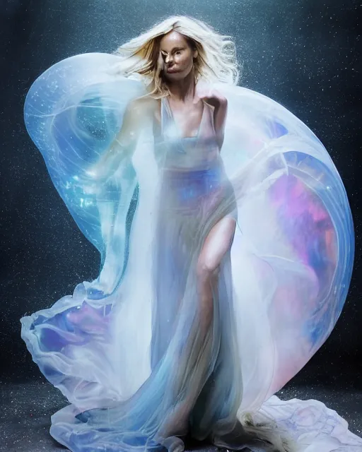 Image similar to annie leibovitz style photoshoot editorial of samara weaving as sue storm, the invisible woman from the fantastic four, she is wearing a beautiful iridescent shimmering, glowing jellyfish like wedding dress made from her force field powers, hyperreal, magical, translucent, iridescent, studio lighting, soft focus, bokeh, 5 0 mm