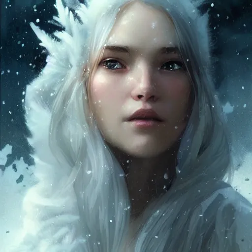 Prompt: a beautiful portrait of an winter goddess with ice hair and closed eyes by Greg Rutkowski and Raymond Swanland, snowflakes falling, Trending on Artstation, ultra realistic digital art