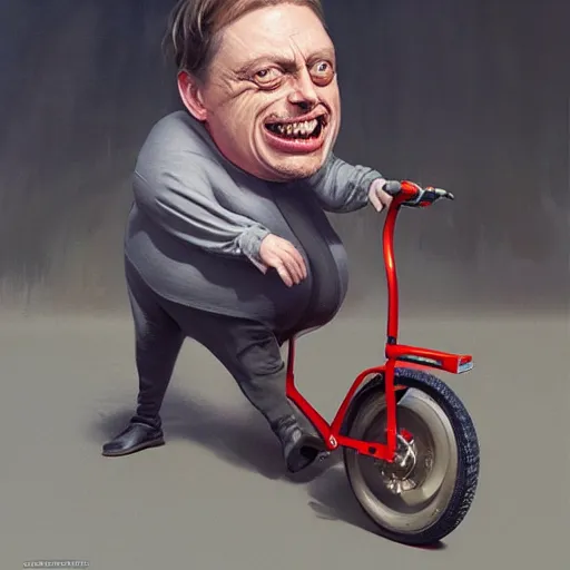 Prompt: hyper realistic absurd, silly, making faces, obese steve buscemi riding a tiny tricycle, painted by greg rutkowski, wlop, artgerm