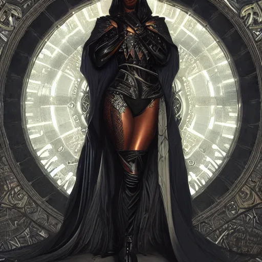 Image similar to full figure ultra realistic illustration, naomi campbell wearing black armor, intricate, elegant, highly detailed, digital painting, artstation, concept art, smooth, sharp focus, illustration, art by artgerm and greg rutkowski and alphonse mucha