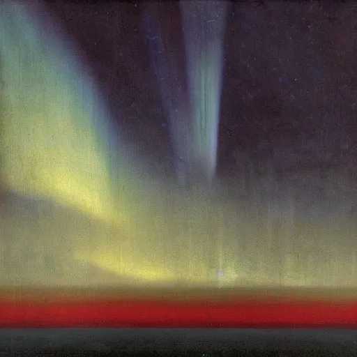 Image similar to the epic abstract painting'blue arctic void with black and red aurora borealis above a large herd of tiny walruses ', by caspar david friedrich!!!, by rothko!!!, stunning masterpiece, trending on artstation