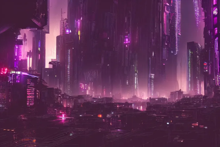 Image similar to detailed landscape of a cyberpunk city at night. wallpaper. purple color palette. hd. artstation.