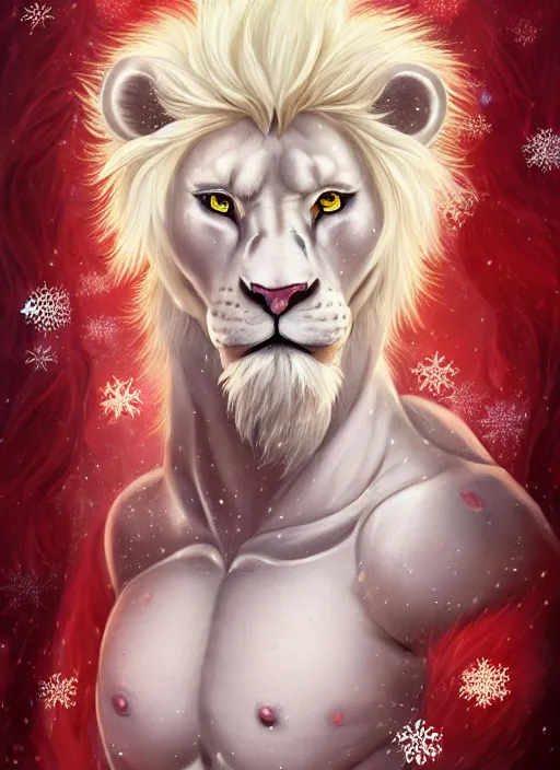 Image similar to award winning beautiful portrait commission of a male furry anthro albino lion with tattoos on his muscular belly with a beautiful hyperdetailed attractive outfit and face wearing a golden and red winter cozy outfit with red background and white snow falling around lion. Character design by charlie bowater, ross tran, and makoto shinkai, detailed, inked, western comic book art