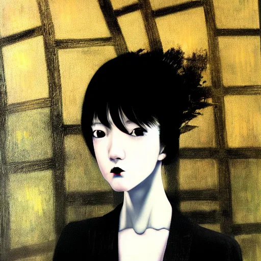 Image similar to yoshitaka amano blurred and dreamy realistic three quarter angle portrait of a young woman with black lipstick and black eyes wearing dress suit with tie, junji ito abstract patterns in the background, satoshi kon anime, noisy film grain effect, highly detailed, renaissance oil painting, weird portrait angle, blurred lost edges