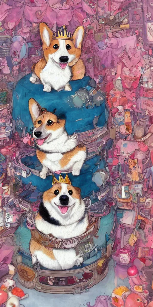 Prompt: highly detailed painting of a lofi hiphop crowned corgi king chilling in his palace, by Anna Dittmann and Hikari Shimoda , trending on Artstation, 8k, masterpiece