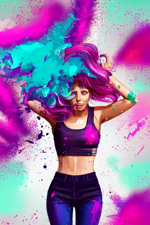 Image similar to a award winning half body porttrait of a beautiful woman in a croptop and cargo pants with ombre purple pink teal hairstyle with head in motion and hair flying, paint splashes, splatter, outrun, vaporware, shaded flat illustration, digital art, trending on artstation, highly detailed, fine detail, intricate