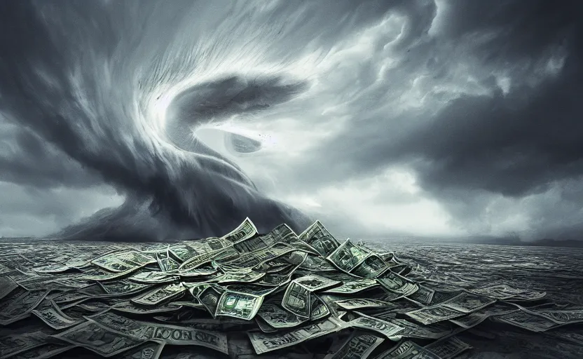 Prompt: A tornado made of cash and Ethereum, cyrpto, landscape art, concept art, intense, 4k UHD