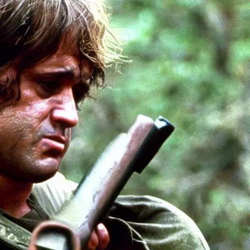 Image similar to A still of Danny Devito as Rambo in Rambo First Blood (1982)